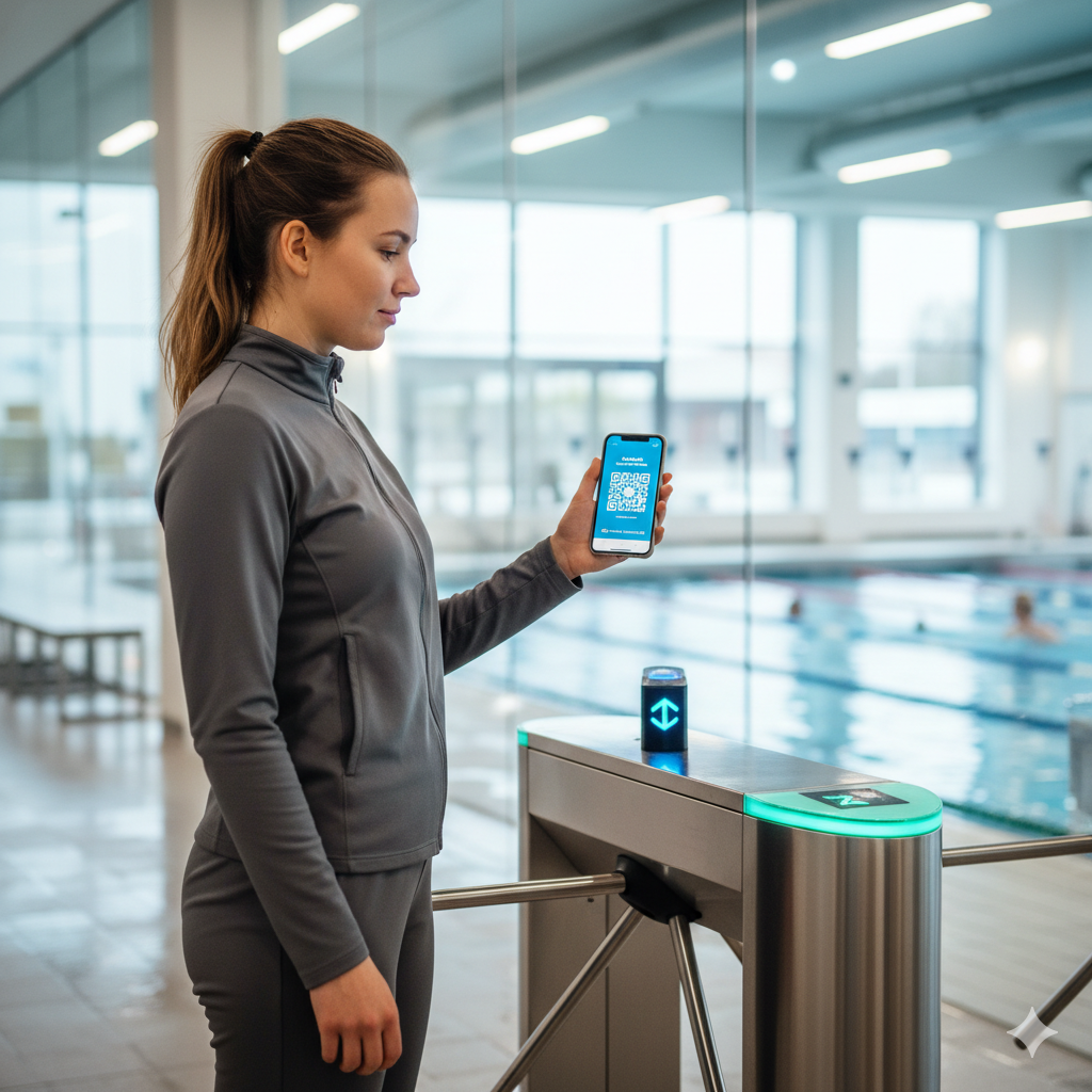 Við aðgangshlið í sundlaug